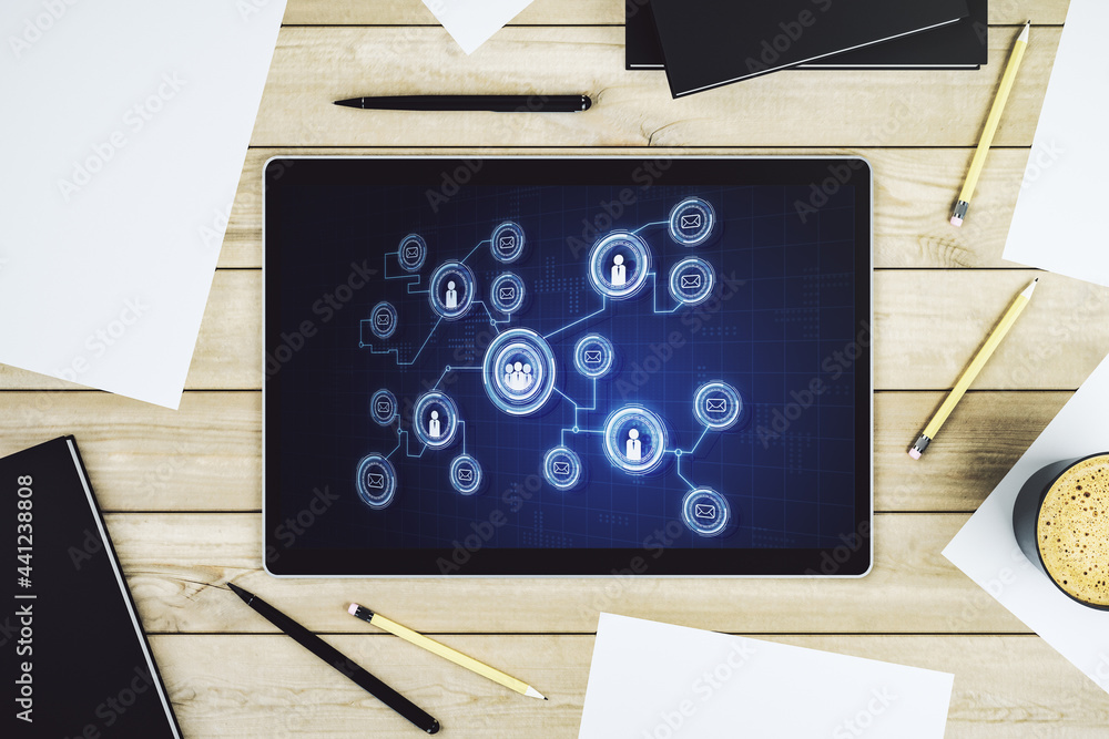 Poster modern digital tablet screen with social network icons concept. networking concept. top view. 3d ren