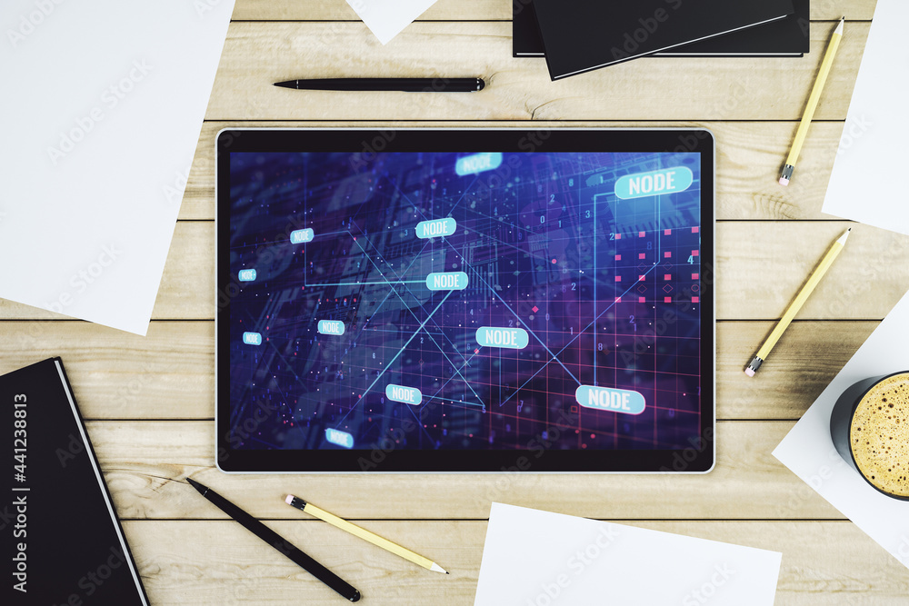 Poster top view of modern digital tablet screen with abstract creative programming illustration, big data a