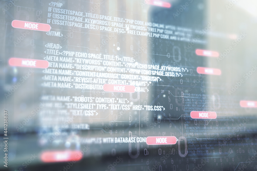 Poster abstract virtual coding concept on blurry modern office building background. multiexposure