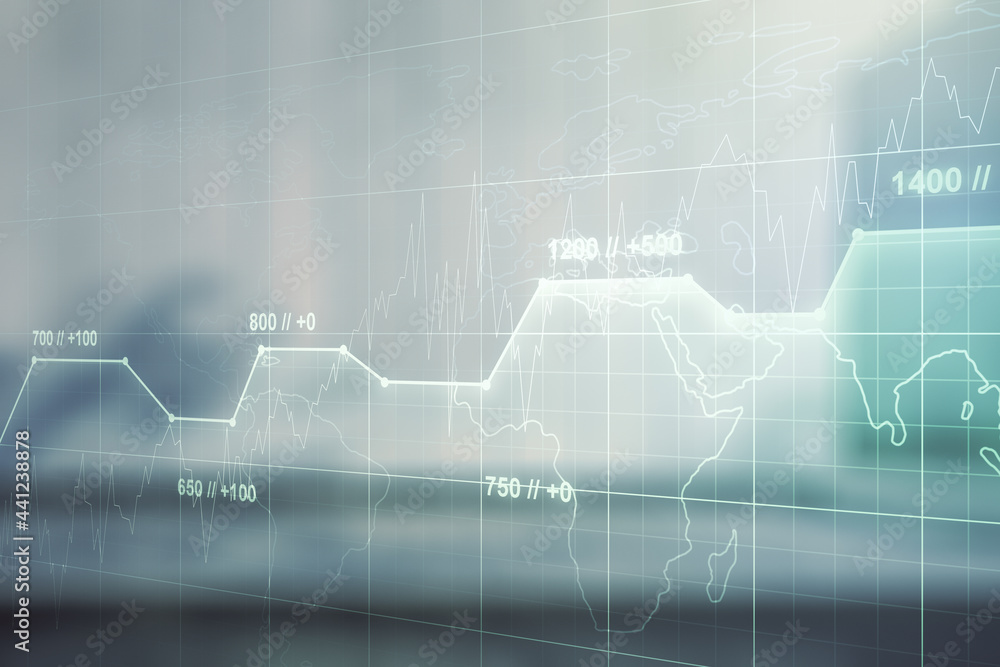 Poster multi exposure of abstract statistics data hologram interface on contemporary business center exteri