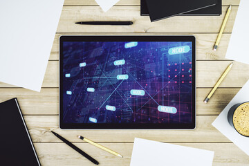 Top view of modern digital tablet screen with abstract creative programming illustration, big data and blockchain concept. 3D Rendering