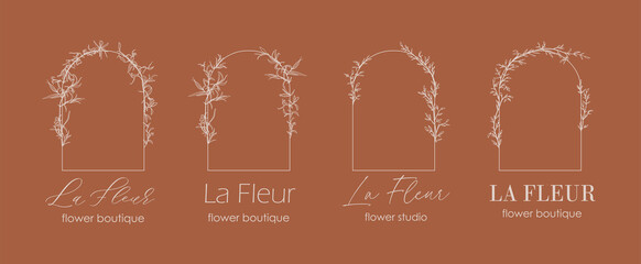 Logo design template and monogram concept in trendy linear style with arch - floral frame with copy space for text or letter - emblem for fashion, beauty and jewellery, Wedding invitation, socia.