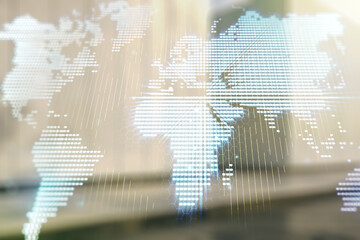 Abstract creative digital world map on blurry contemporary office building background, globalization concept. Multiexposure