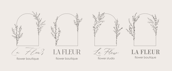 Logo design template and monogram concept in trendy linear style with arch - floral frame with copy space for text or letter - emblem for fashion, beauty and jewellery, Wedding invitation, socia. - obrazy, fototapety, plakaty