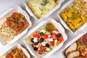 Delivery of food in containers on a white background