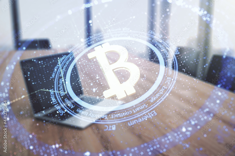 Poster creative bitcoin concept with modern computer background. double exposure