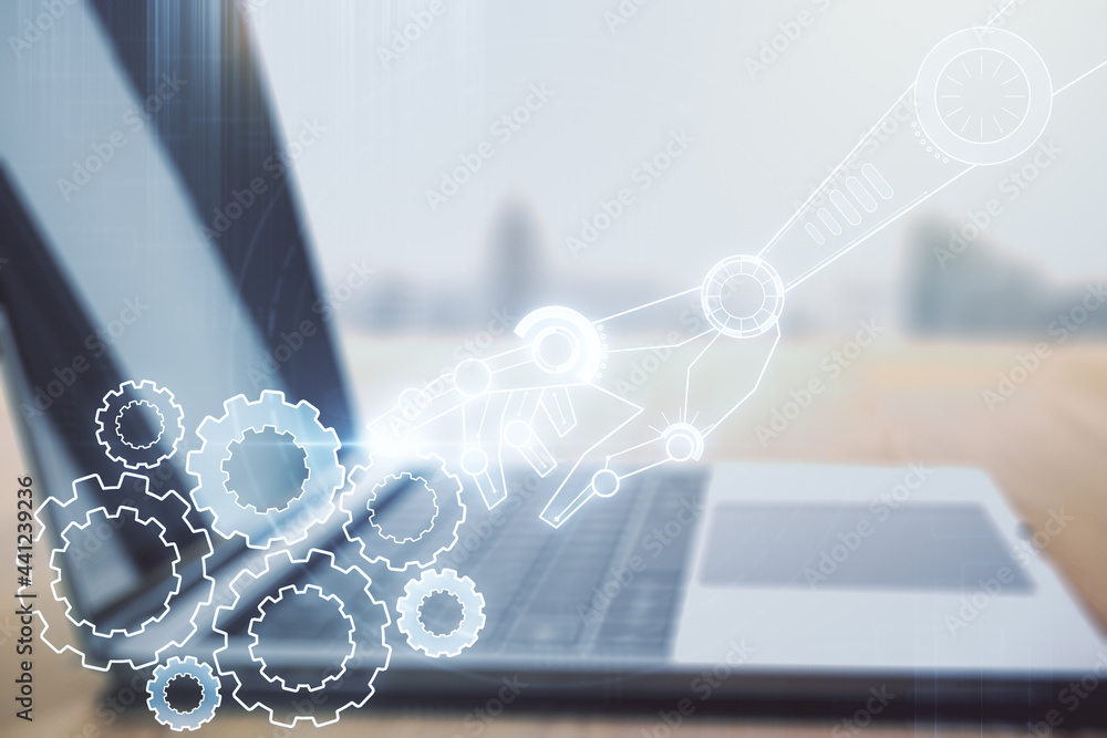 Poster double exposure of robotics technology hologram on laptop background. research and development softw