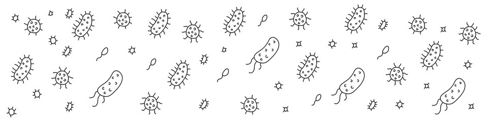 Portada de virus, bacterias, bacilos, germen, microbio. Concepto de partículas infecciosas. Ilustración vectorial