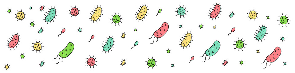 Portada de virus, bacterias, bacilos, germen, microbio, de diferentes colores. Concepto de partículas infecciosas. Ilustración vectorial