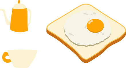 simple illustration cups, teapots and toasts with fried egg