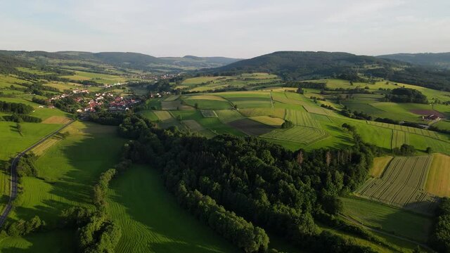 Aerial of the volcanic Rhön mountains in germany, hesse in 4k drone