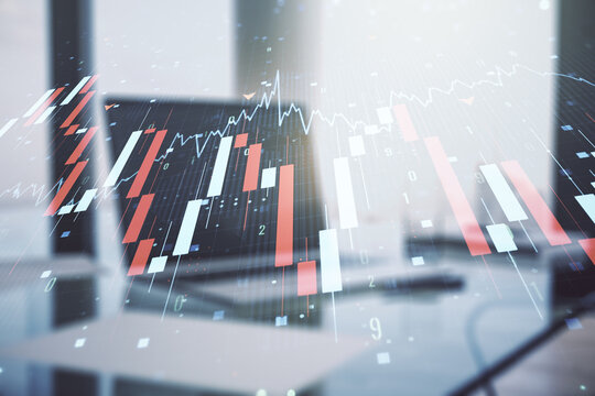 Creative abstract economic crisis chart with world map hologram on modern computer background, bankruptcy and recession concept. Multiexposure