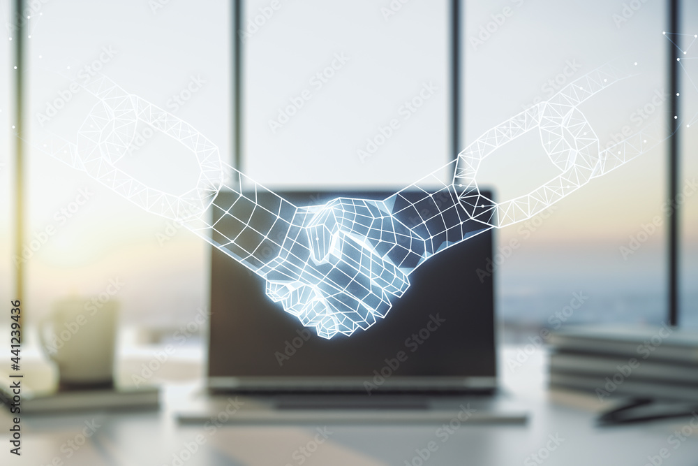 Poster double exposure of blockchain technology with handshake hologram on laptop background. research and 