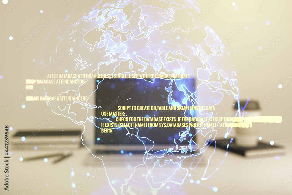 Poster multi exposure of abstract software development hologram with world map on laptop background, global