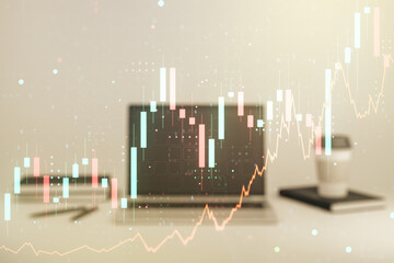 Multi exposure of abstract creative financial chart on computer background, research and analytics concept