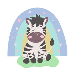 Fototapeta na wymiar Image with cute cartoon zebra on a colorful rainbow. Vector graphics on a white background. For the design of posters, postcards, notebook covers, childrens illustrations, prints for mugs.