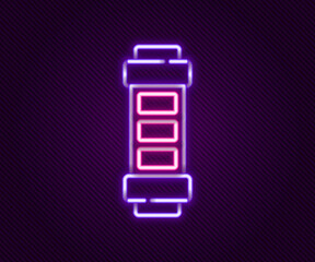 Glowing neon line Battery charge level indicator icon isolated on black background. Colorful outline concept. Vector