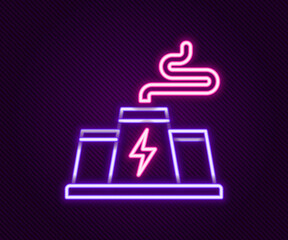 Glowing neon line Power station plant and factory icon isolated on black background. Energy industrial concept. Colorful outline concept. Vector