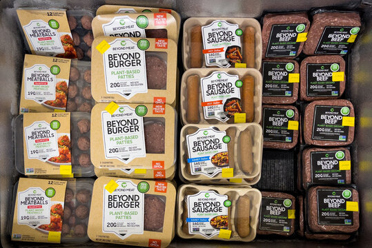 ATLANTA, GEORGIA - June 23, 2021 : Beyond Meat - Beyond Burgers, Beyond Beef, Sausage, And Meatballs In A Grocery Store Freezer Box. Beyond Meat Is A Los Angeles Based Producer Of Plant-based Food.