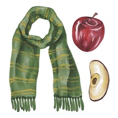 Hand drawing watercolor autumn clothes and accessories: green scarf, apples. Use for poster, print, card, template, market, shop, advertising, pattern