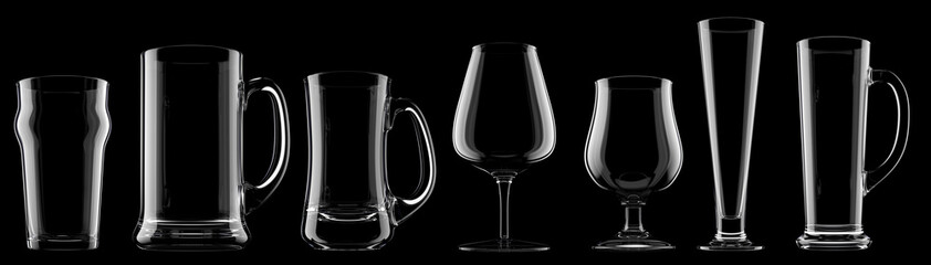 Set of empty beer glass isolated on black background.