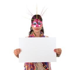 Girl wearing a mask and holding white sign board. Isolated portrait