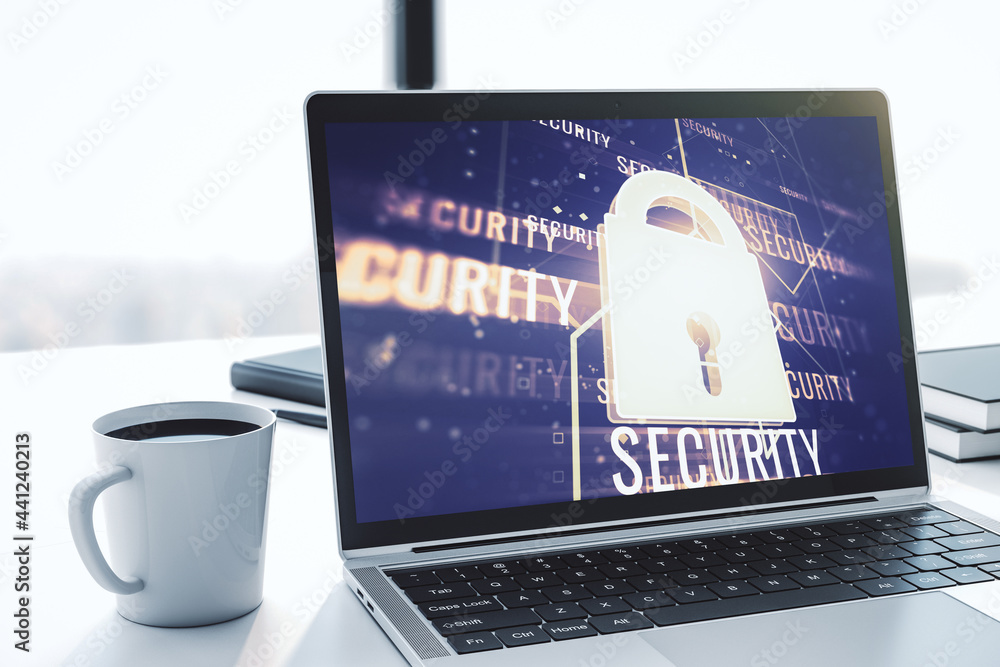 Poster Creative idea concept with lock symbol and microcircuit illustration on modern laptop screen. Protection and firewall concept. 3D Rendering