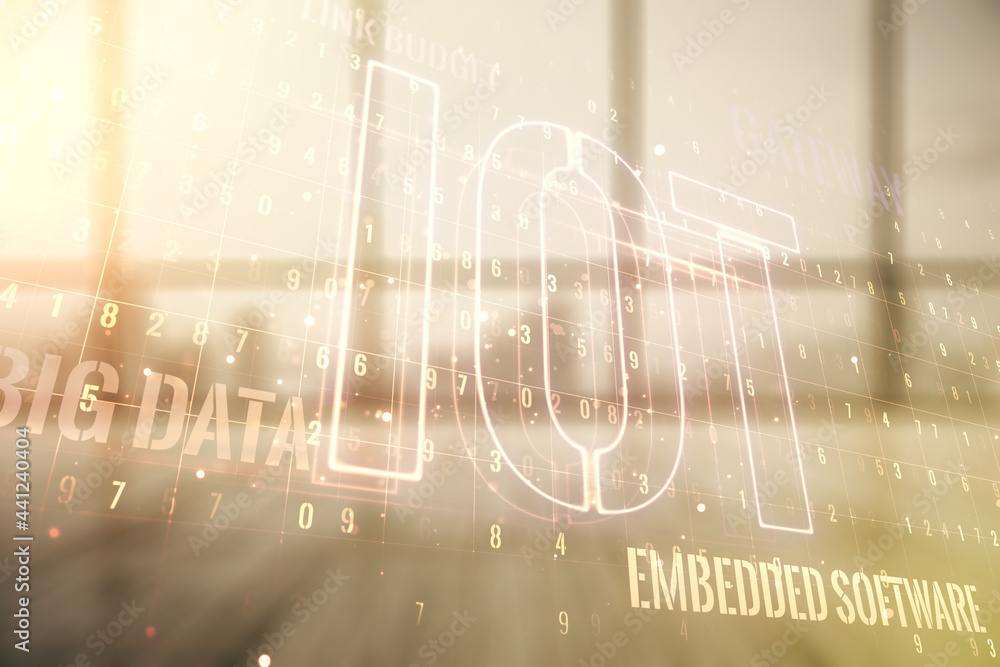 Poster double exposure of abstract virtual iot hologram on empty modern office background, research and dev