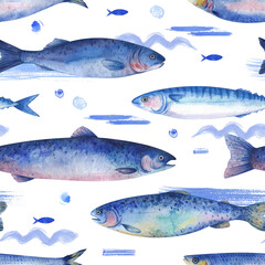 Seamless pattern with marine life. Trout, mackerel, herring and other fish on a white background. Marine repetitive texture design for fabric, wallpaper