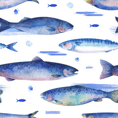 Seamless pattern with marine life. Trout, mackerel, herring and other fish on a white background. Marine repetitive texture design for fabric, wallpaper