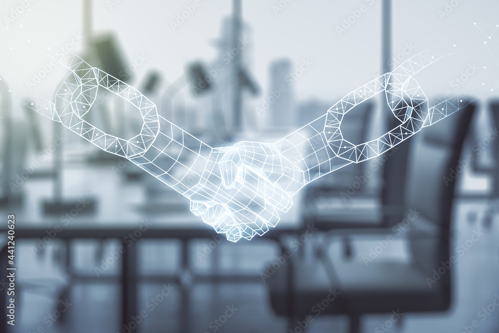 Poster abstract virtual blockchain technology hologram with handshake on a modern furnished office backgrou