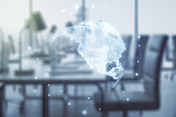 Digital map of North America hologram on a modern furnished classroom background, global technology concept. Multiexposure