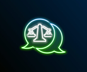 Glowing neon line Scales of justice icon isolated on black background. Court of law symbol. Balance scale sign. Colorful outline concept. Vector