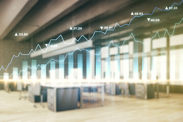 Multi exposure of virtual abstract financial graph interface on a modern furnished classroom background, financial and trading concept