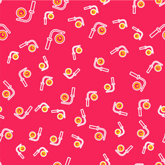 Line Train station clock icon isolated seamless pattern on red background. Vector