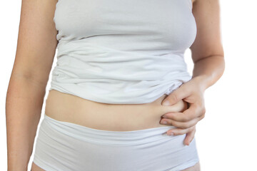 Young female wearing white underwear checking and squeeze her belly fat condition stomach healthy lifestyle isolated on white background