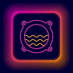 Glowing neon line Ship porthole with rivets and seascape outside icon isolated on black background. Colorful outline concept. Vector
