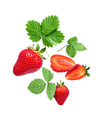 Ripe strawberries with green leaves closeup, isolated on a white background