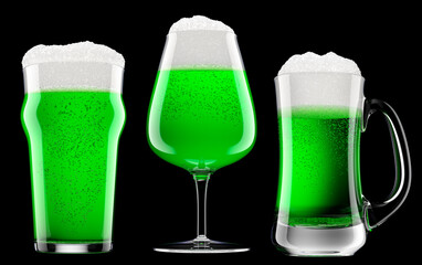 Set of fresh green beer in different mugs with bubble froth isolated on black.