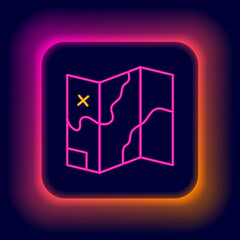 Glowing neon line Folded map icon isolated on black background. Colorful outline concept. Vector