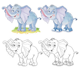 Cute baby elephant. Coloring page. Illustration for children. Character design. Cute and funny cartoon characters isolated on white background