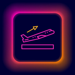 Glowing neon line Plane takeoff icon isolated on black background. Airplane transport symbol. Colorful outline concept. Vector