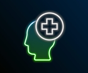 Glowing neon line Male head with hospital icon isolated on black background. Head with mental health, healthcare and medical sign. Colorful outline concept. Vector
