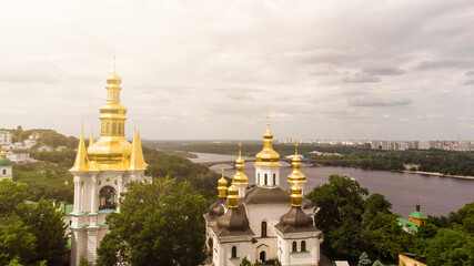 Panorama of Kiev with Dniepr river, Kiev-Pechersk Lavra monastery. Kiev, Ukraine.