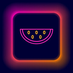 Glowing neon line Watermelon icon isolated on black background. Colorful outline concept. Vector