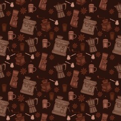 Seamless pattern of coffeemaker on brown background
