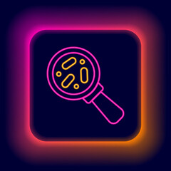 Glowing neon line Microorganisms under magnifier icon isolated on black background. Bacteria and germs, cell cancer, microbe, virus, fungi. Colorful outline concept. Vector
