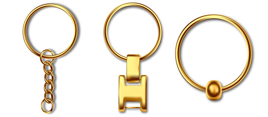 Gold Metal keyring , leather keychain, holder trinket for key with metal ring. Silver colored accessories. Reallistic template metal keychain set. Blank accessory for corporate identity.