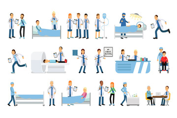 People Doctor Character Wearing Medical Uniform Observing Patient Vector Illustrations Set