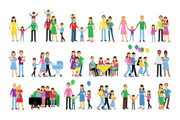 Family Members Walking and Spending Time Together Vector Illustration Set